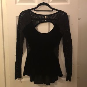 Free People Long Sleeve Black Velvet&Lace Top (S)